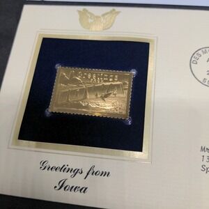 Iowa 2002 Greetings From America Replica State Stamp 22kt Gold Red Bkng FDI FDC